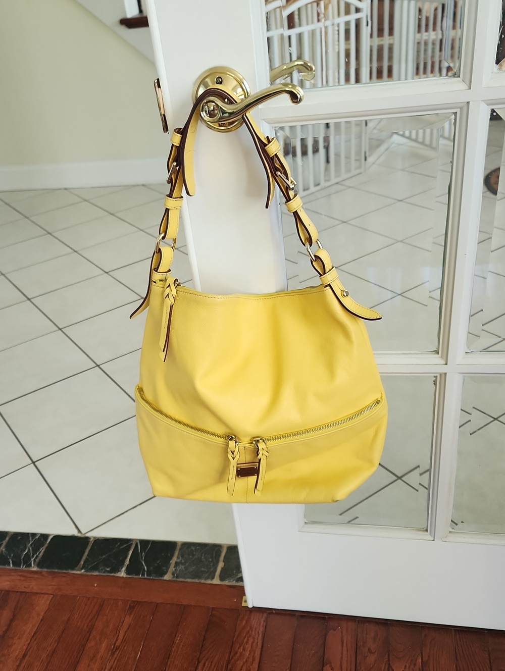Dooney & Bourke Yellow Dillen Saffian Leather Hobo Shoulder Bag W/2 Front Pocket